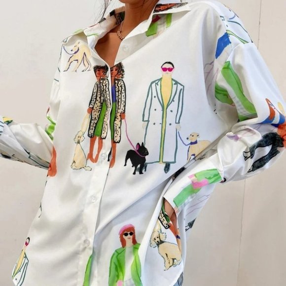 Firgure Print Contemporary Button down long sleeve blouse top - Picture 2 of 7